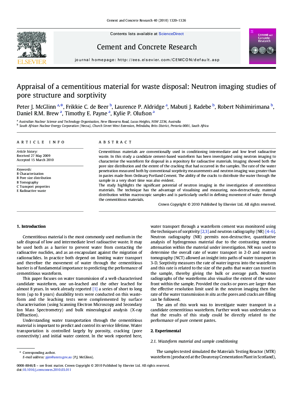Appraisal of a cementitious material for waste disposal: Neutron imaging studies of pore structure and sorptivity
