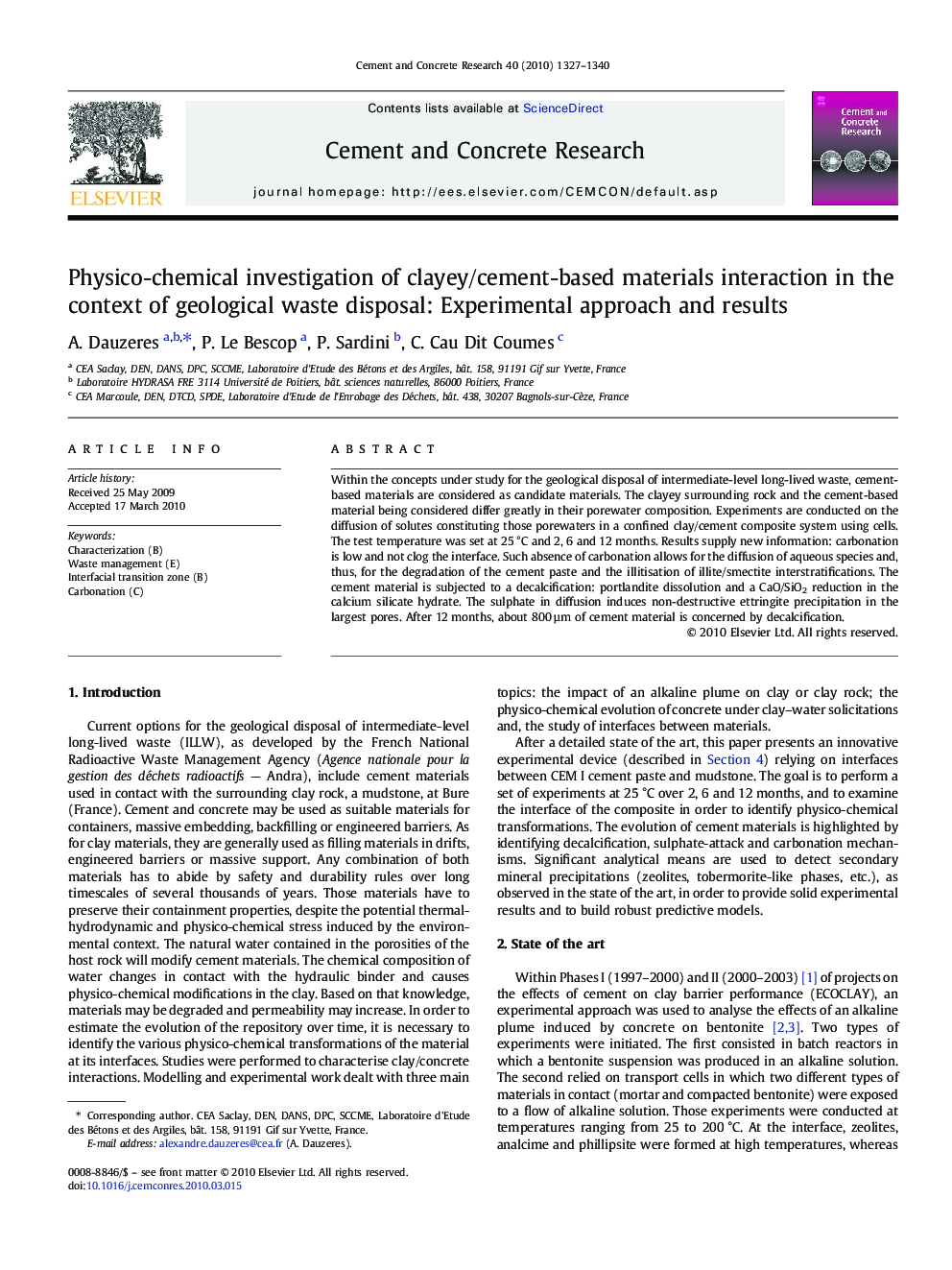 Physico-chemical investigation of clayey/cement-based materials interaction in the context of geological waste disposal: Experimental approach and results