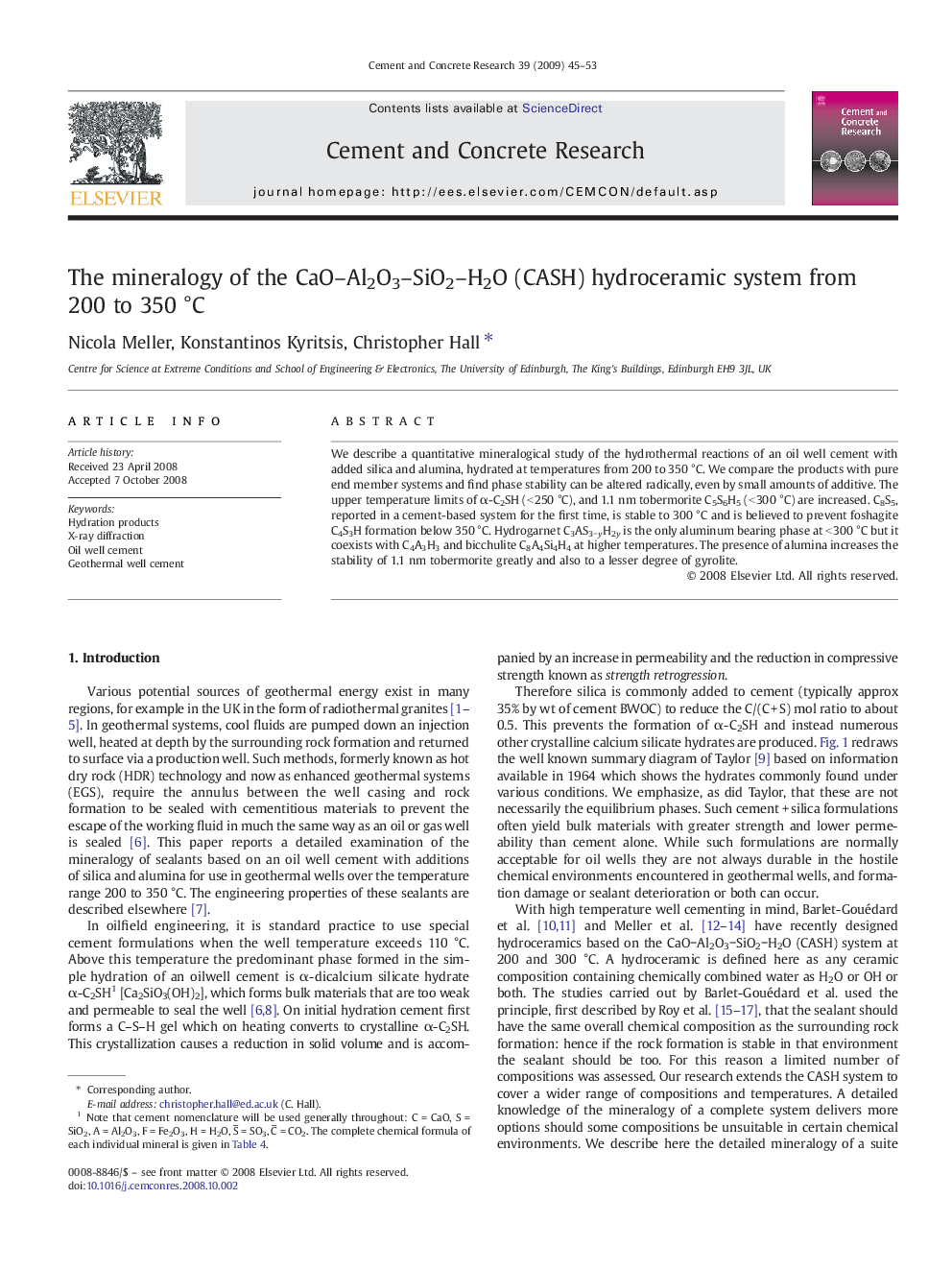 The mineralogy of the CaO–Al2O3–SiO2–H2O (CASH) hydroceramic system from 200 to 350 °C