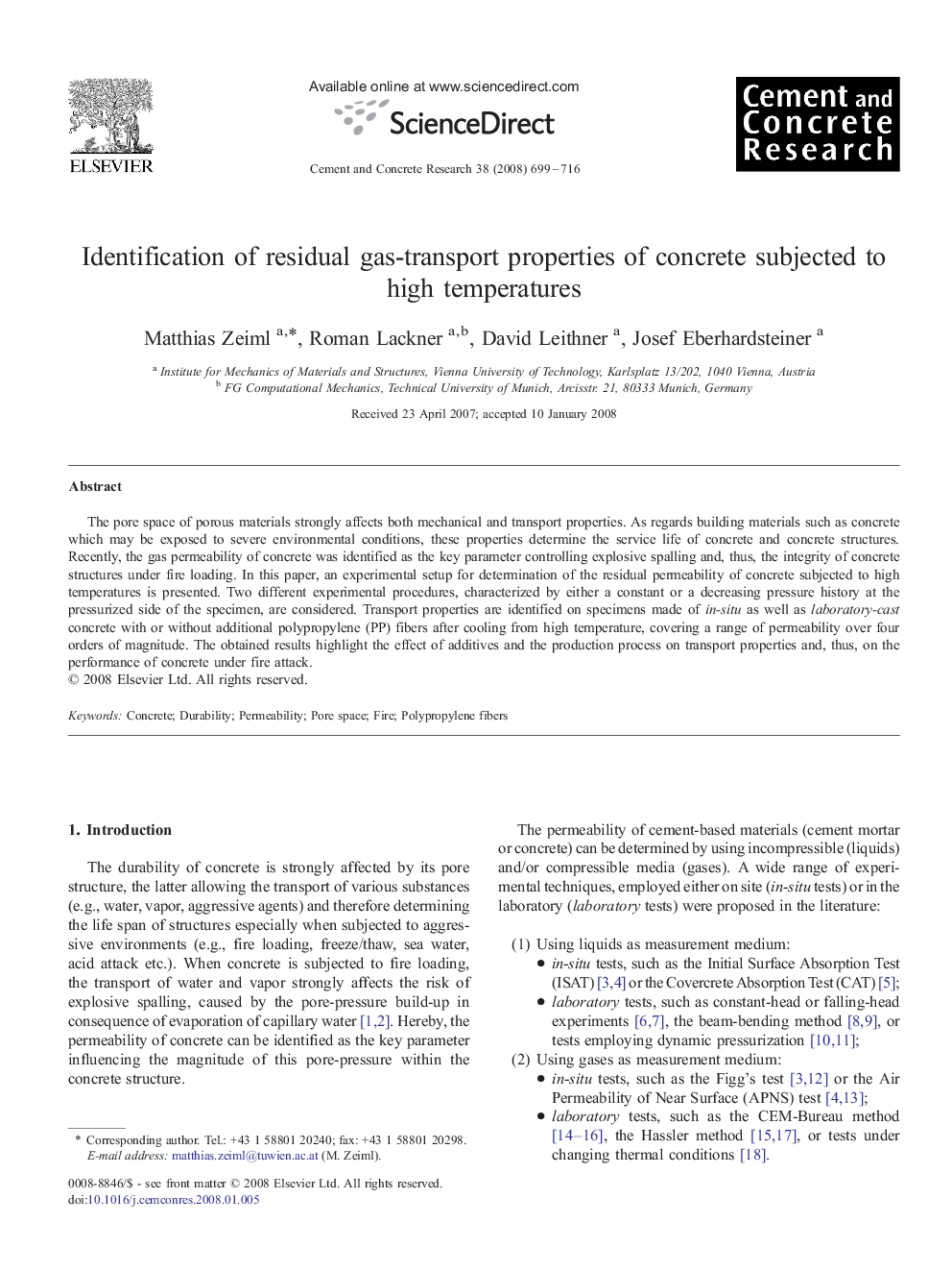 Identification of residual gas-transport properties of concrete subjected to high temperatures