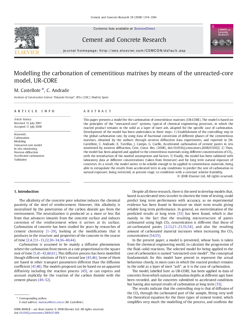 Modelling the carbonation of cementitious matrixes by means of the unreacted-core model, UR-CORE