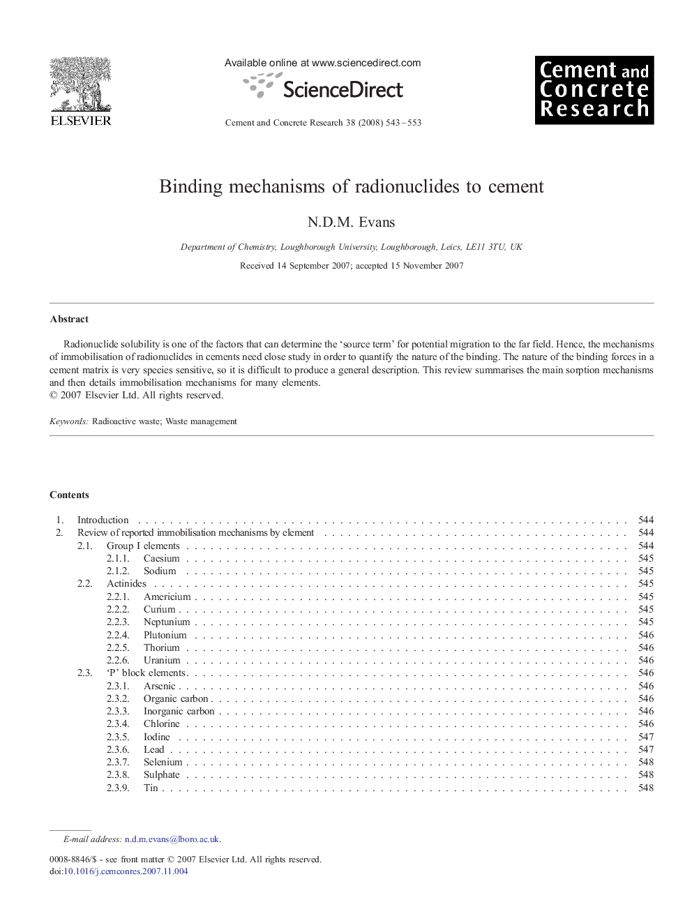 عکس صفحه اول مقاله: Binding mechanisms of radionuclides to cement Binding mechanisms of radionuclides to cement