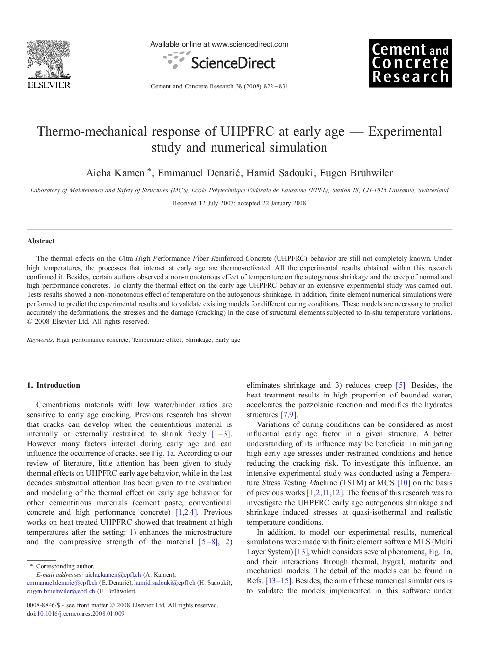 Thermo-mechanical response of UHPFRC at early age — Experimental study and numerical simulation