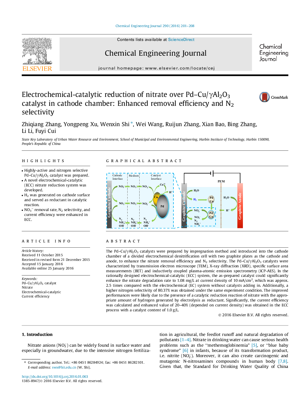 Electrochemical-catalytic reduction of nitrate over Pd–Cu/γAl2O3 catalyst in cathode chamber: Enhanced removal efficiency and N2 selectivity