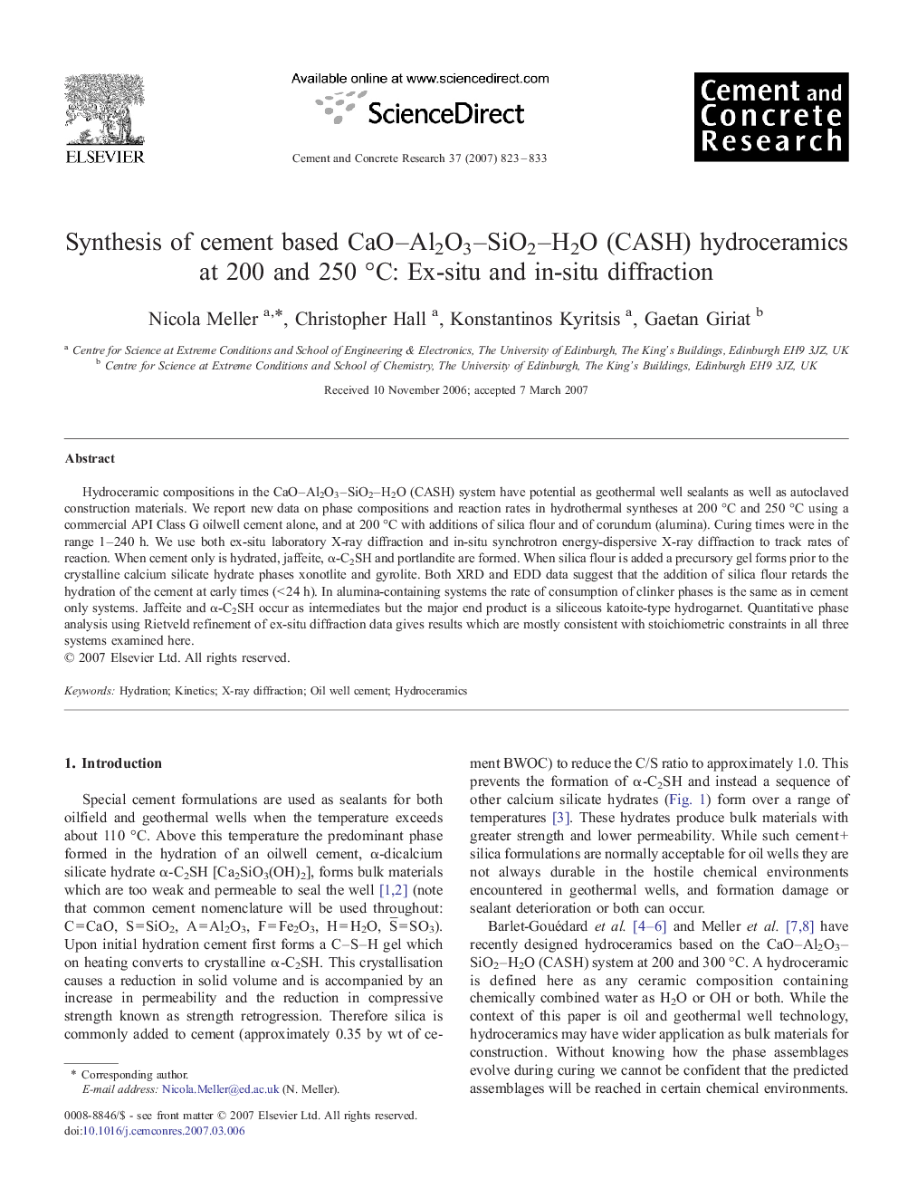 Synthesis of cement based CaO–Al2O3–SiO2–H2O (CASH) hydroceramics at 200 and 250 °C: Ex-situ and in-situ diffraction