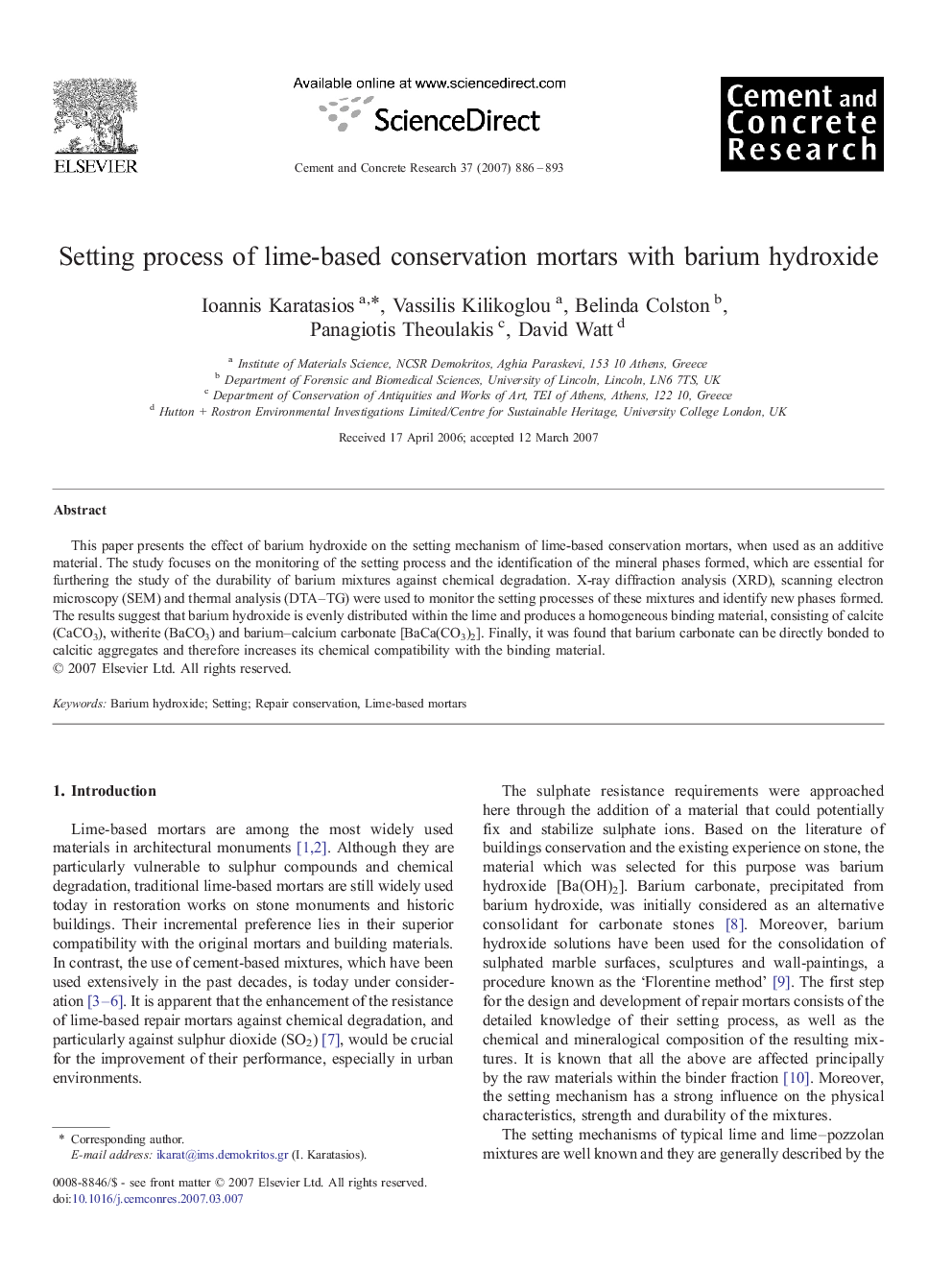 Setting process of lime-based conservation mortars with barium hydroxide