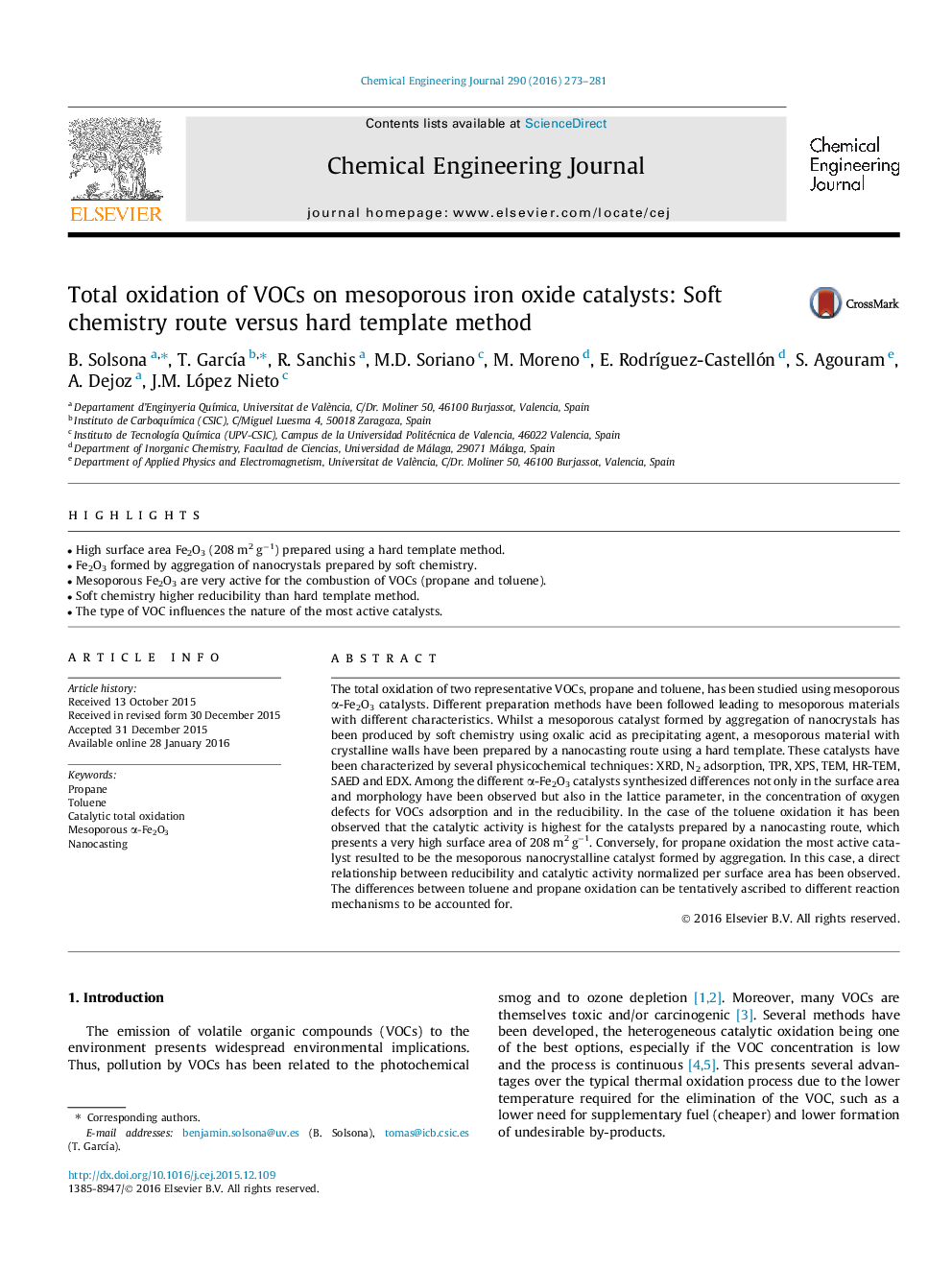 عکس صفحه اول مقاله: Total oxidation of VOCs on mesoporous iron oxide catalysts: Soft chemistry route versus hard template method Total oxidation of VOCs on mesoporous iron oxide catalysts: Soft chemistry route versus hard template method