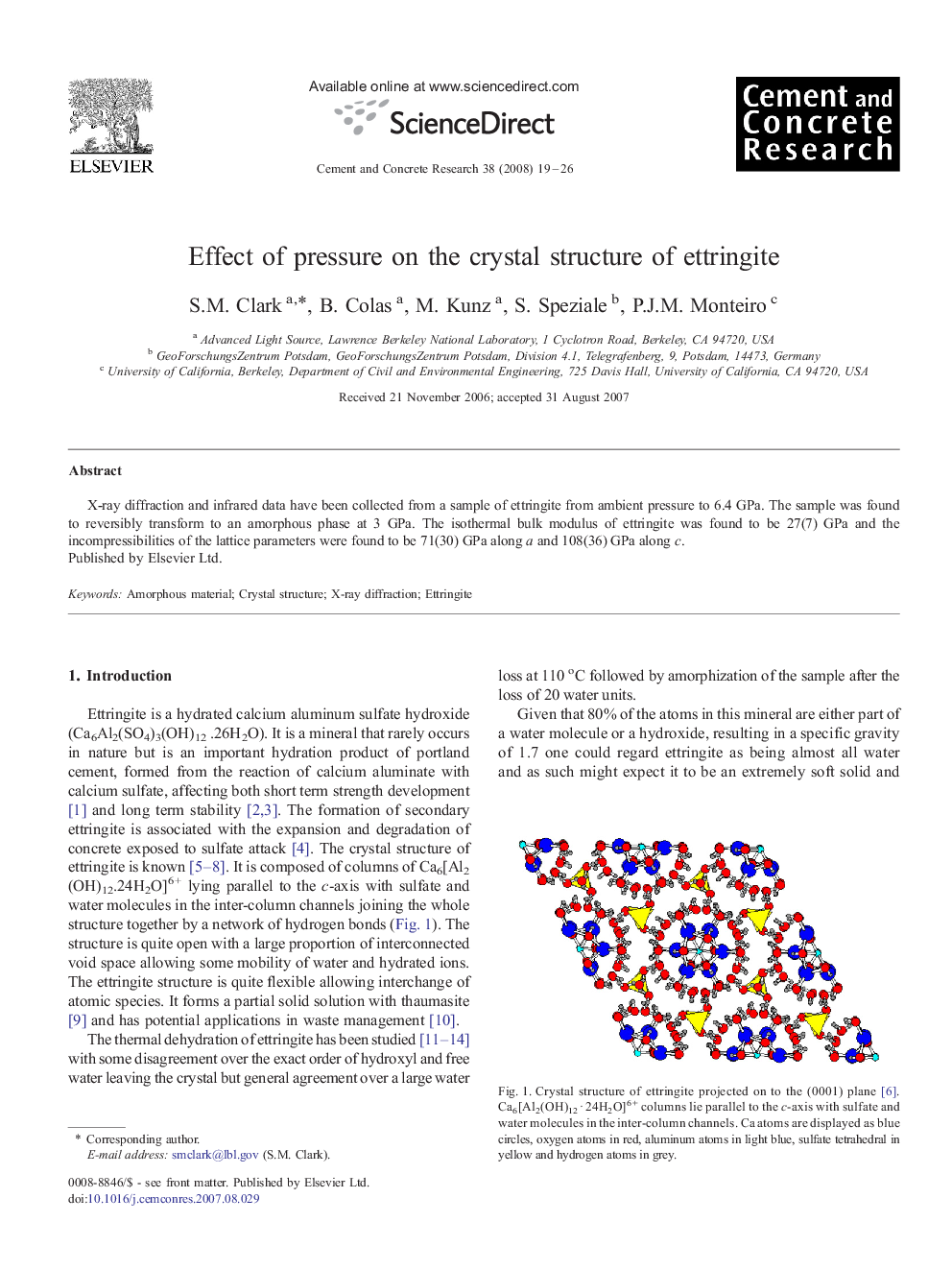 Effect of pressure on the crystal structure of ettringite