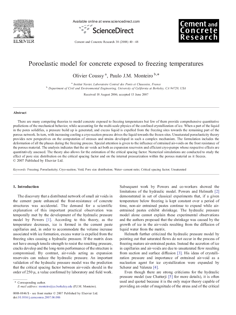 Poroelastic model for concrete exposed to freezing temperatures