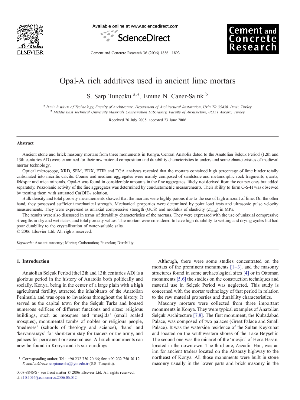 Opal-A rich additives used in ancient lime mortars