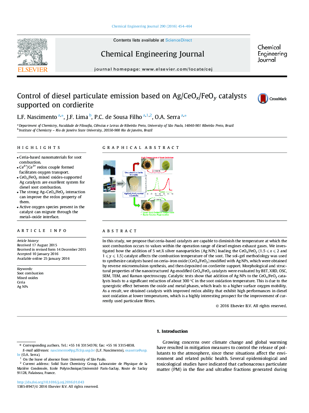 Control of diesel particulate emission based on Ag/CeOx/FeOy catalysts supported on cordierite