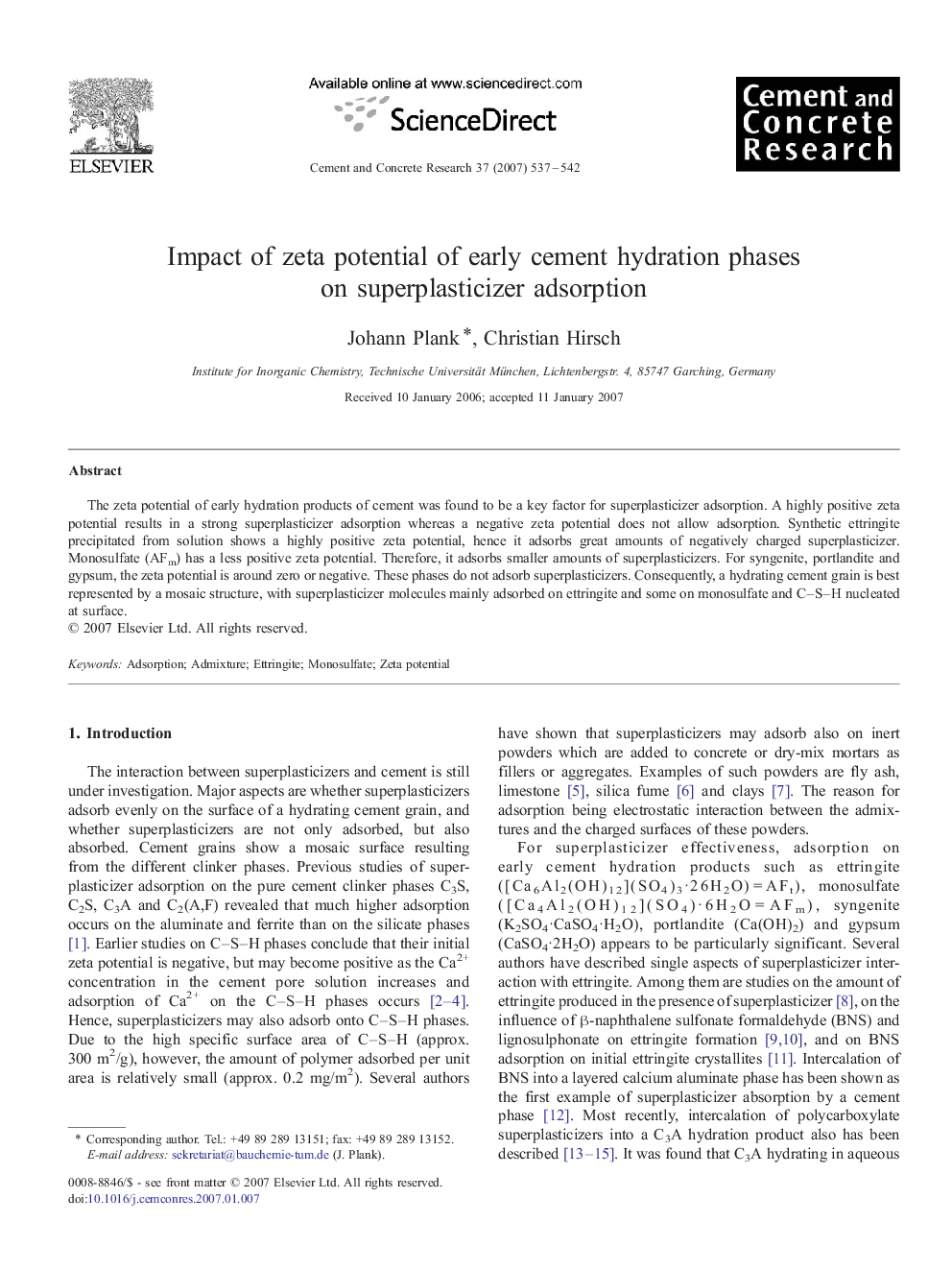 Impact of zeta potential of early cement hydration phases on superplasticizer adsorption