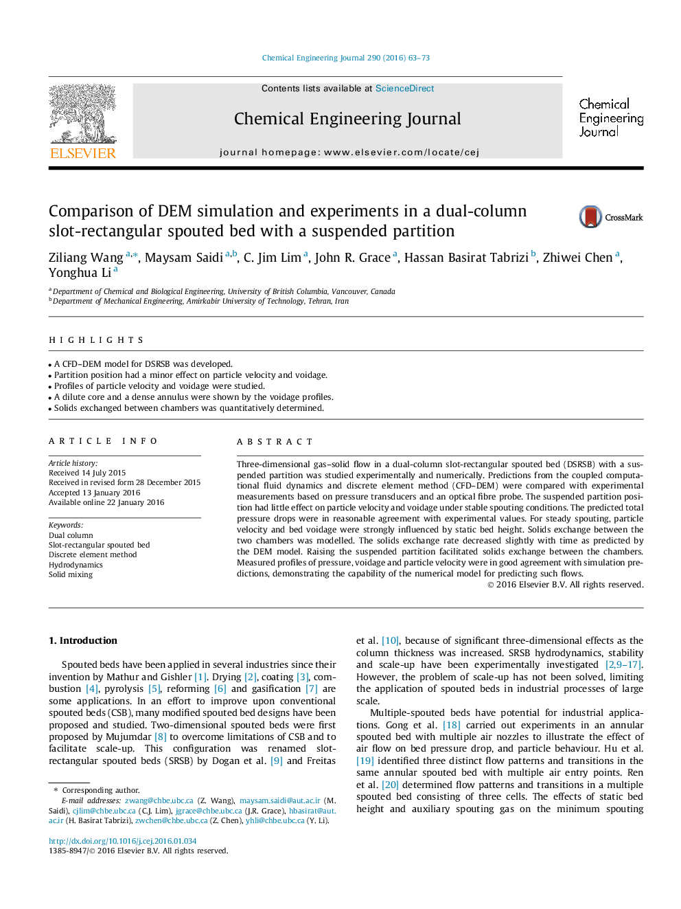 Comparison of DEM simulation and experiments in a dual-column slot-rectangular spouted bed with a suspended partition