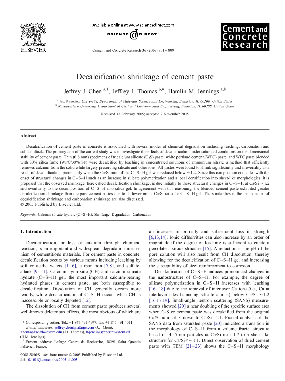 Decalcification shrinkage of cement paste