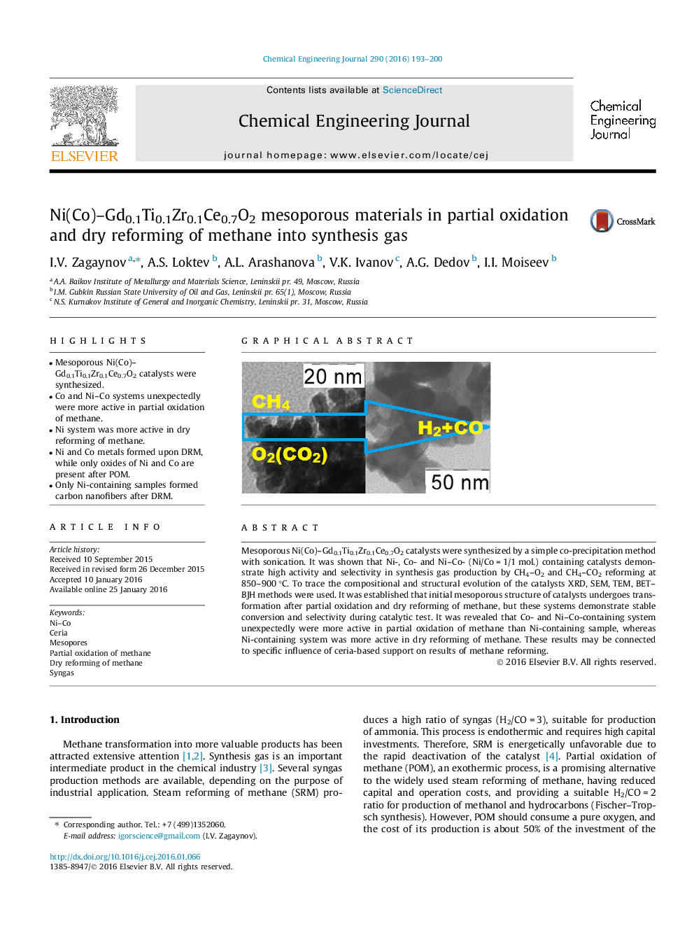 Ni(Co)–Gd0.1Ti0.1Zr0.1Ce0.7O2 mesoporous materials in partial oxidation and dry reforming of methane into synthesis gas