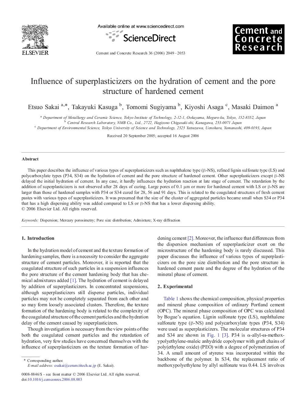 Influence of superplasticizers on the hydration of cement and the pore structure of hardened cement