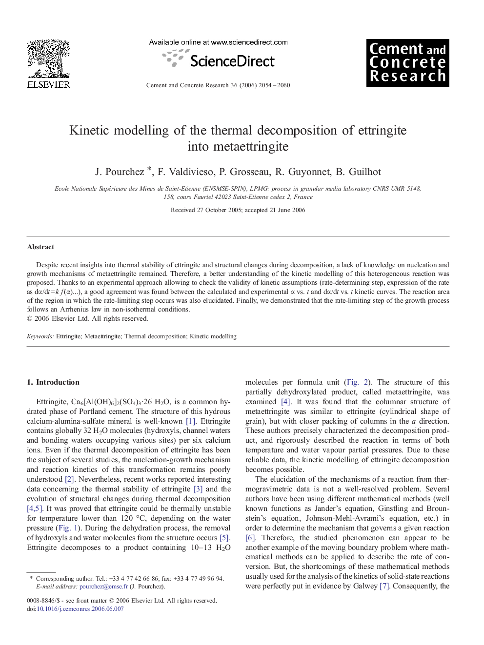 Kinetic modelling of the thermal decomposition of ettringite into metaettringite