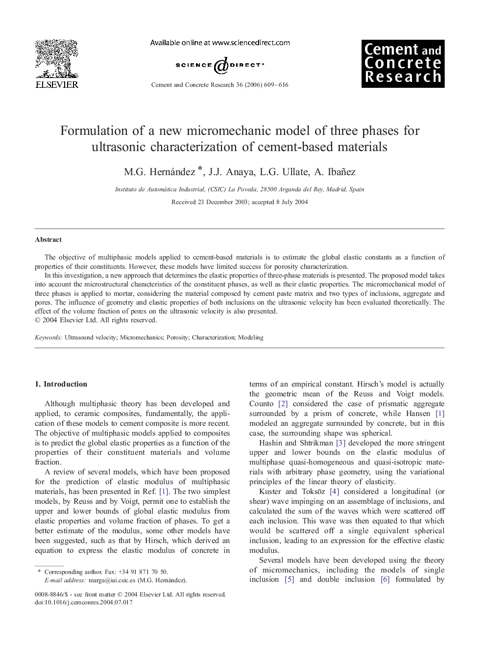 Formulation of a new micromechanic model of three phases for ultrasonic characterization of cement-based materials