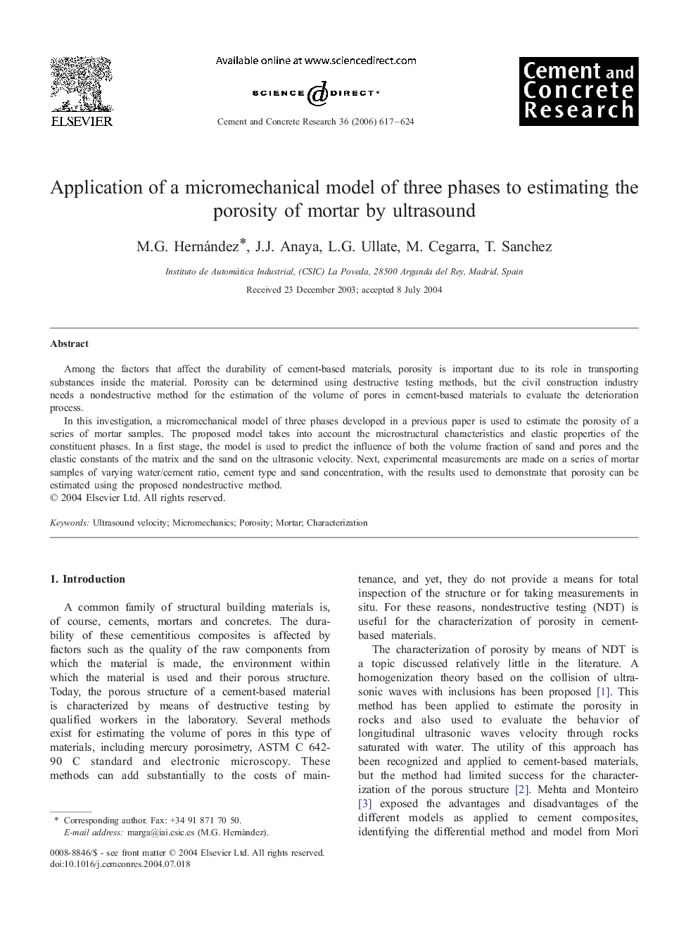 Application of a micromechanical model of three phases to estimating the porosity of mortar by ultrasound