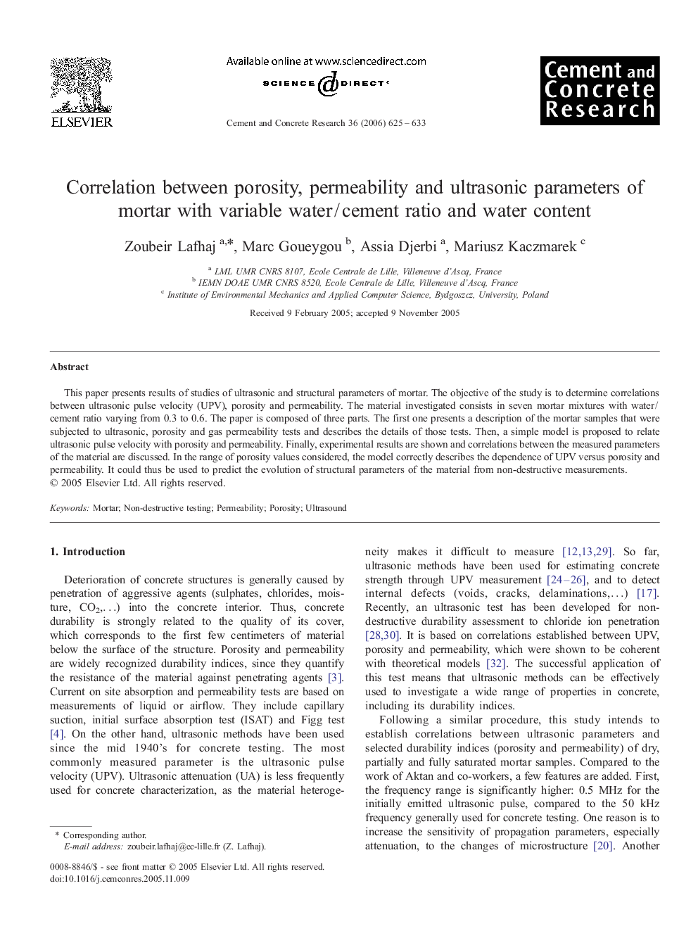 Correlation between porosity, permeability and ultrasonic parameters of mortar with variable water / cement ratio and water content