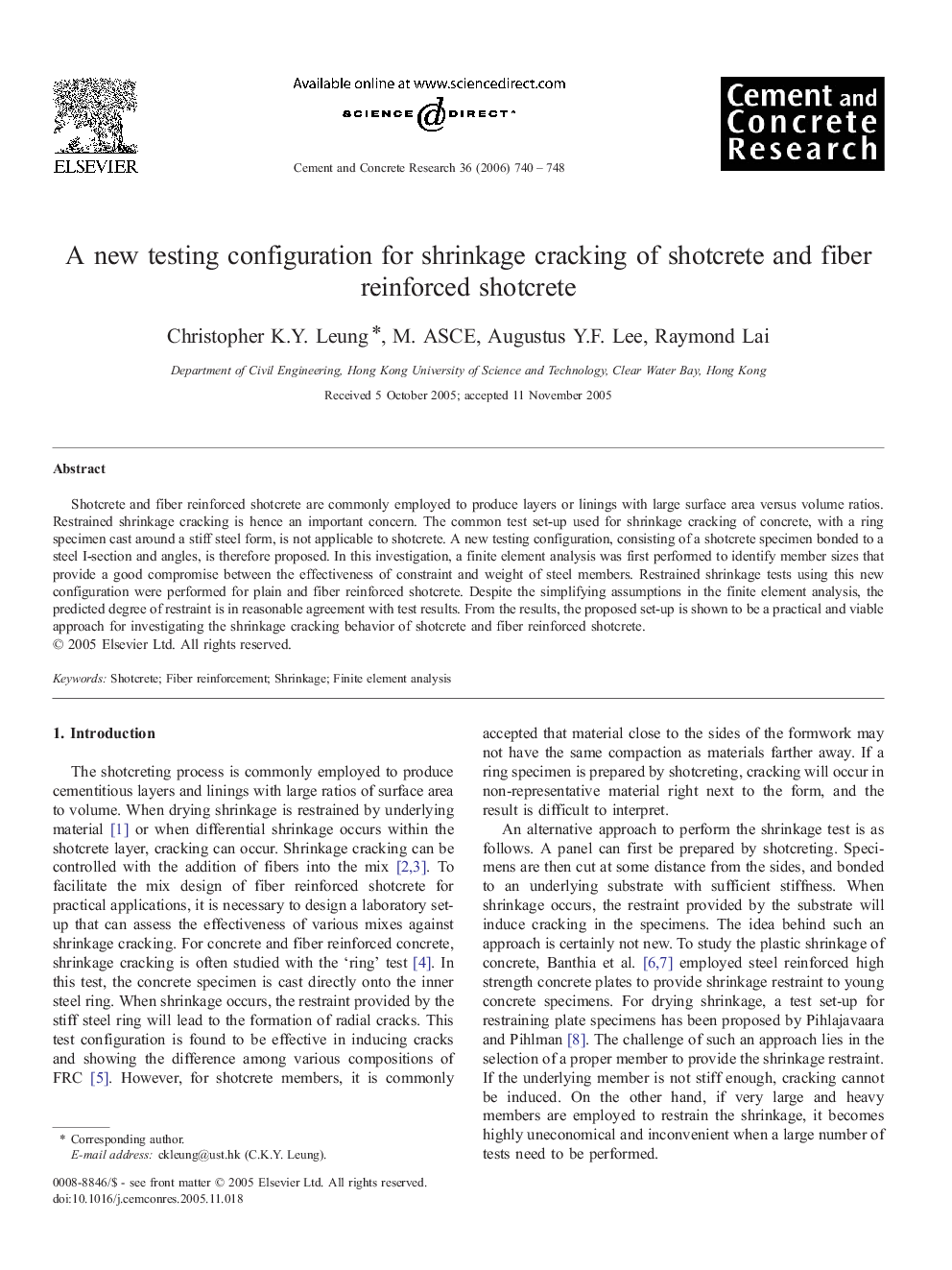 A new testing configuration for shrinkage cracking of shotcrete and fiber reinforced shotcrete