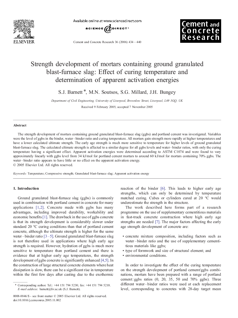 Strength development of mortars containing ground granulated blast-furnace slag: Effect of curing temperature and determination of apparent activation energies