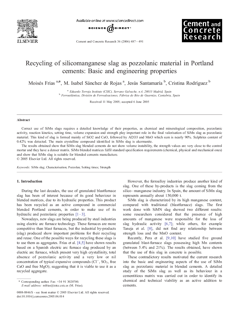 Recycling of silicomanganese slag as pozzolanic material in Portland cements: Basic and engineering properties