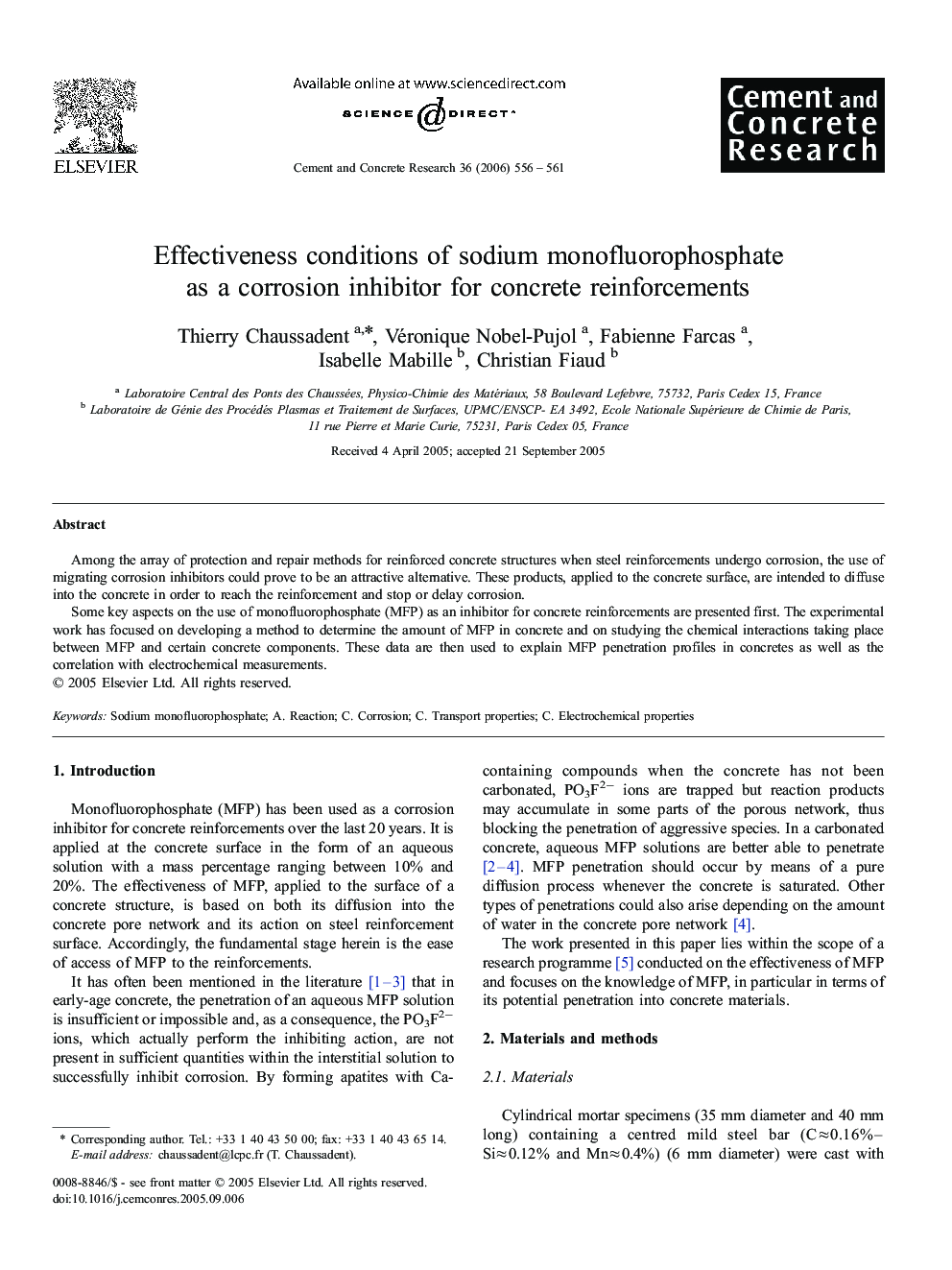 Effectiveness conditions of sodium monofluorophosphate as a corrosion inhibitor for concrete reinforcements