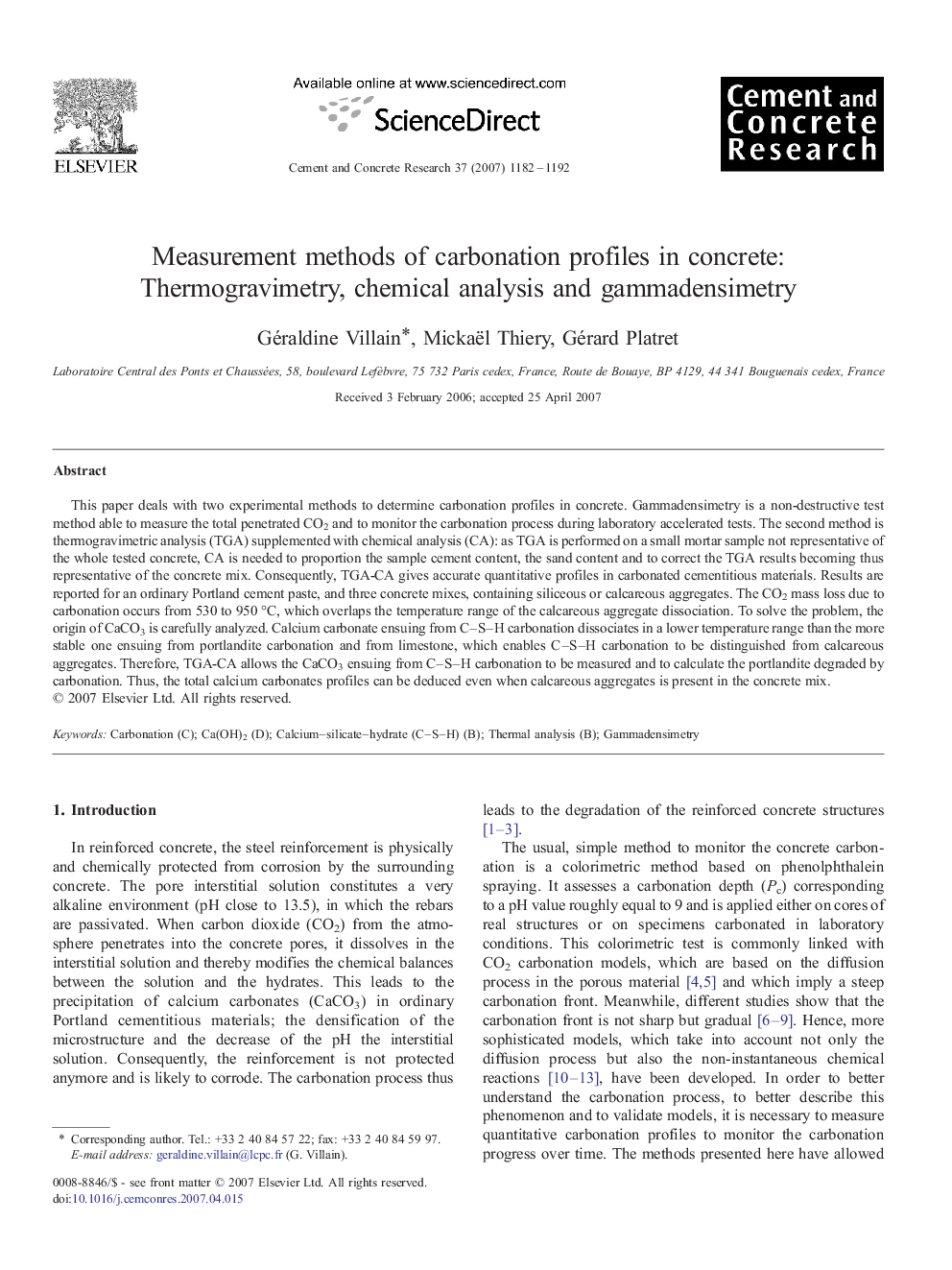 Measurement methods of carbonation profiles in concrete: Thermogravimetry, chemical analysis and gammadensimetry