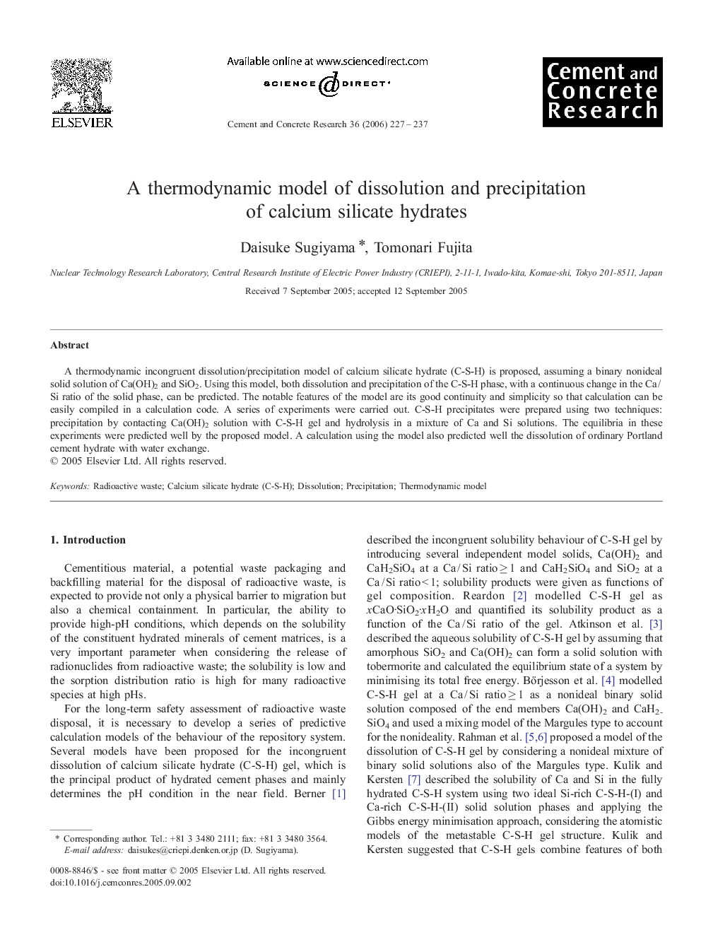 A thermodynamic model of dissolution and precipitation of calcium silicate hydrates