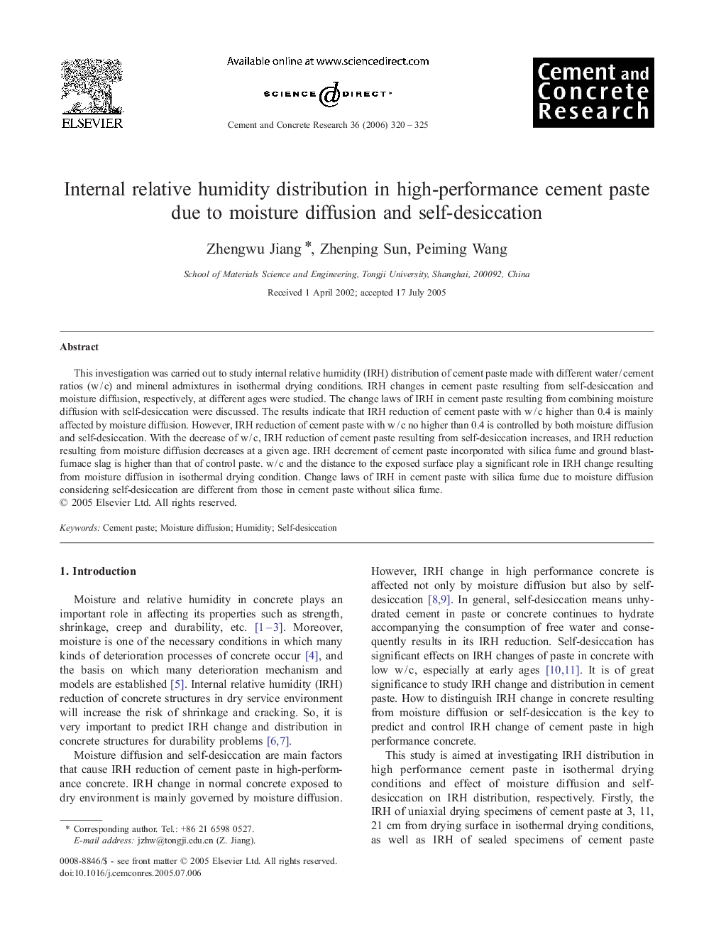 Internal relative humidity distribution in high-performance cement paste due to moisture diffusion and self-desiccation