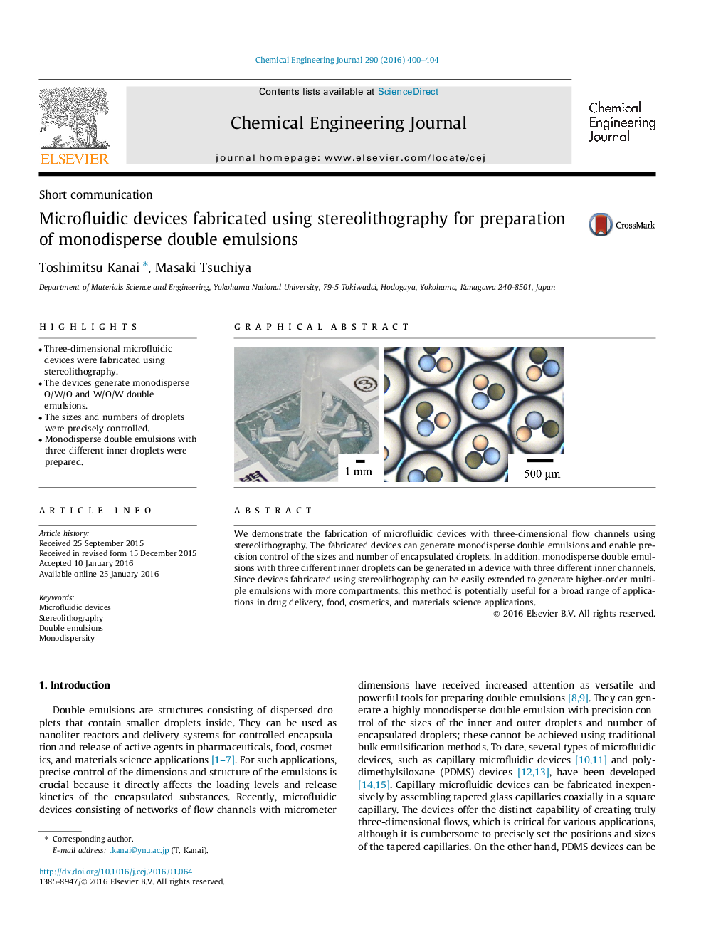 دستگاه های میکروسیالی ساخته شده با استفاده از استریولیتوگرافی برای تهیه امولسیون دوگانه monodisperse