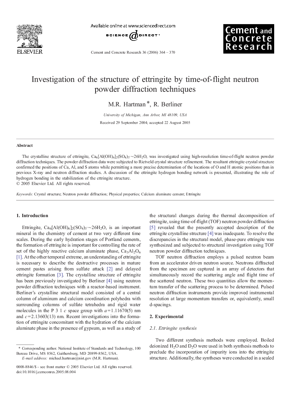 Investigation of the structure of ettringite by time-of-flight neutron powder diffraction techniques