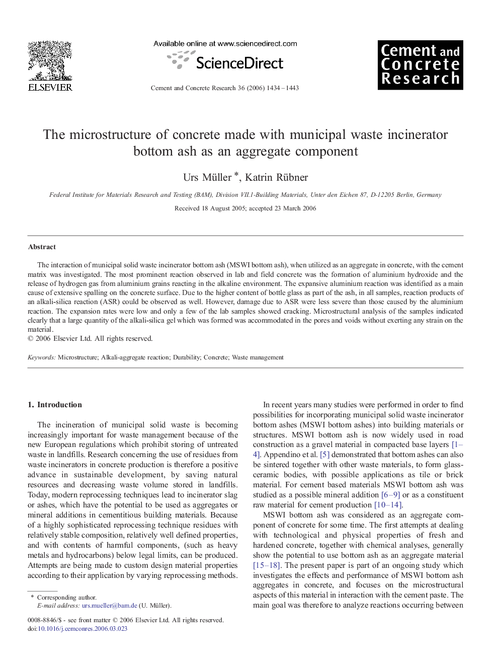 The microstructure of concrete made with municipal waste incinerator bottom ash as an aggregate component