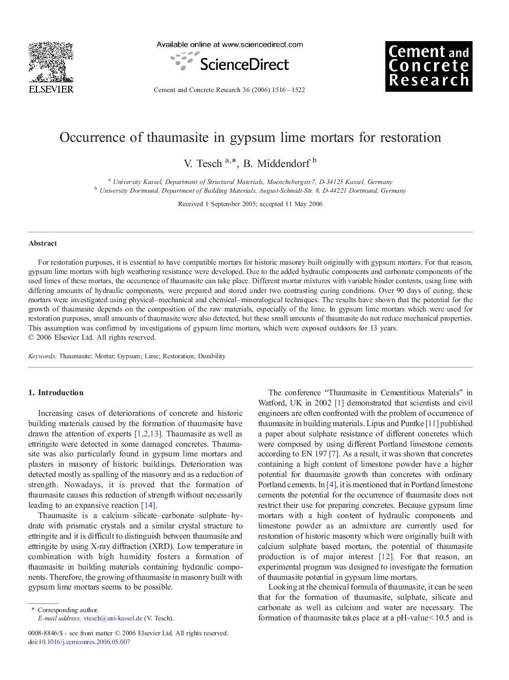 Occurrence of thaumasite in gypsum lime mortars for restoration