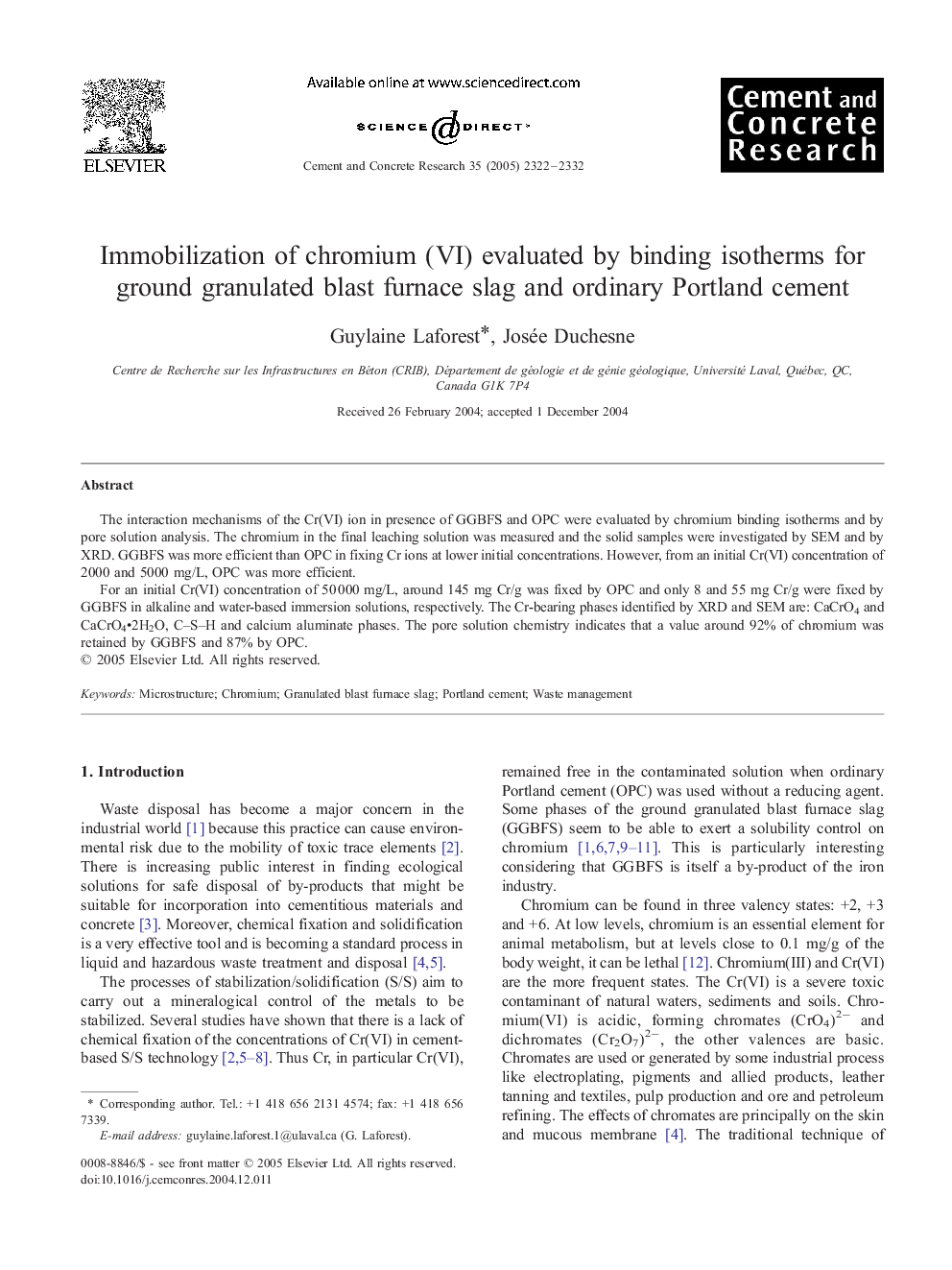 Immobilization of chromium (VI) evaluated by binding isotherms for ground granulated blast furnace slag and ordinary Portland cement