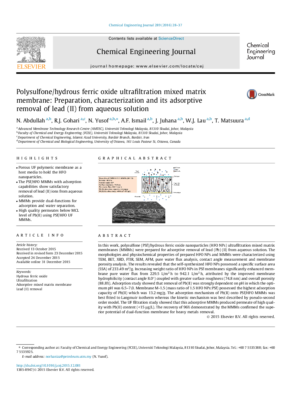 Polysulfone/hydrous ferric oxide ultrafiltration mixed matrix membrane: Preparation, characterization and its adsorptive removal of lead (II) from aqueous solution