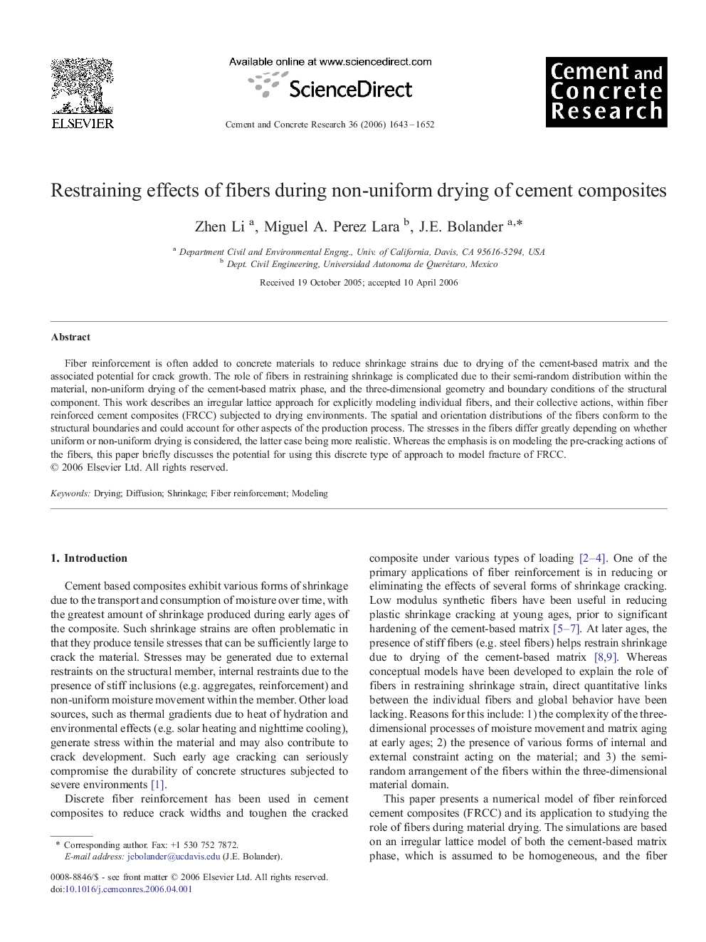 Restraining effects of fibers during non-uniform drying of cement composites