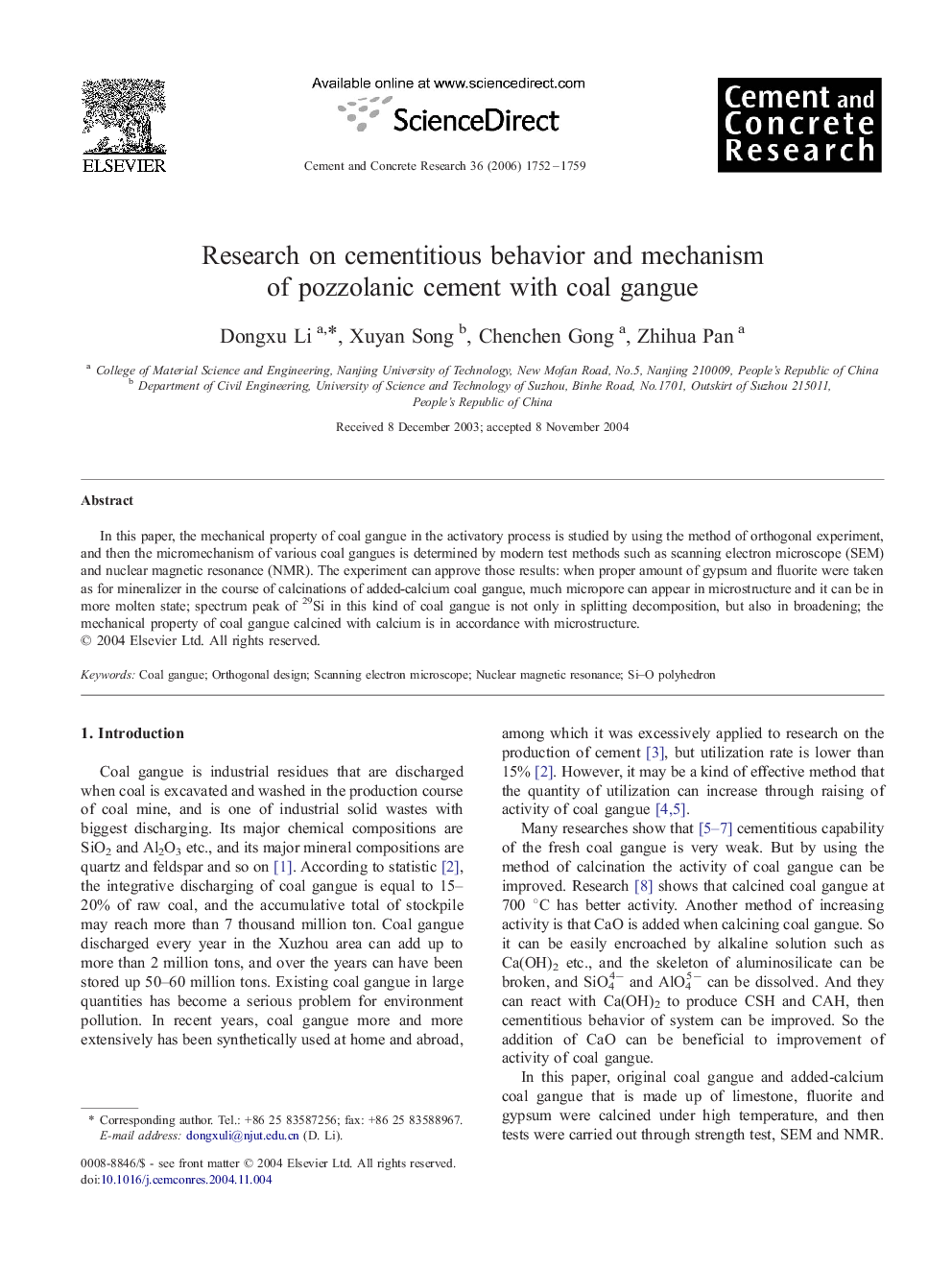 Research on cementitious behavior and mechanism of pozzolanic cement with coal gangue