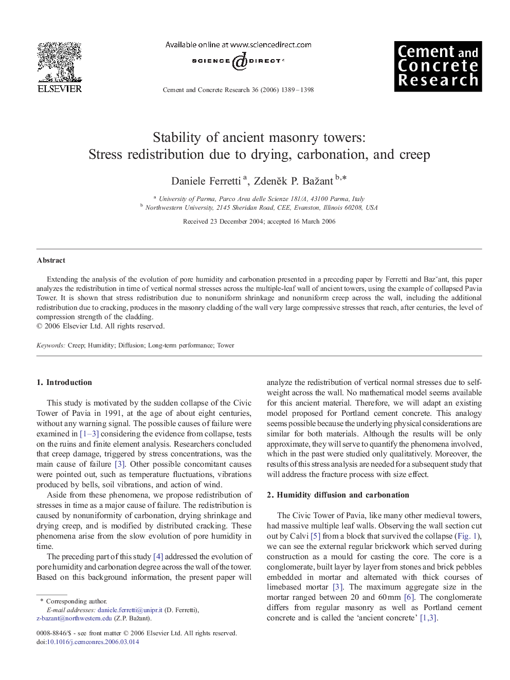 عکس صفحه اول مقاله: Stability of ancient masonry towers: Stress redistribution due to drying, carbonation, and creep Stability of ancient masonry towers: Stress redistribution due to drying, carbonation, and creep