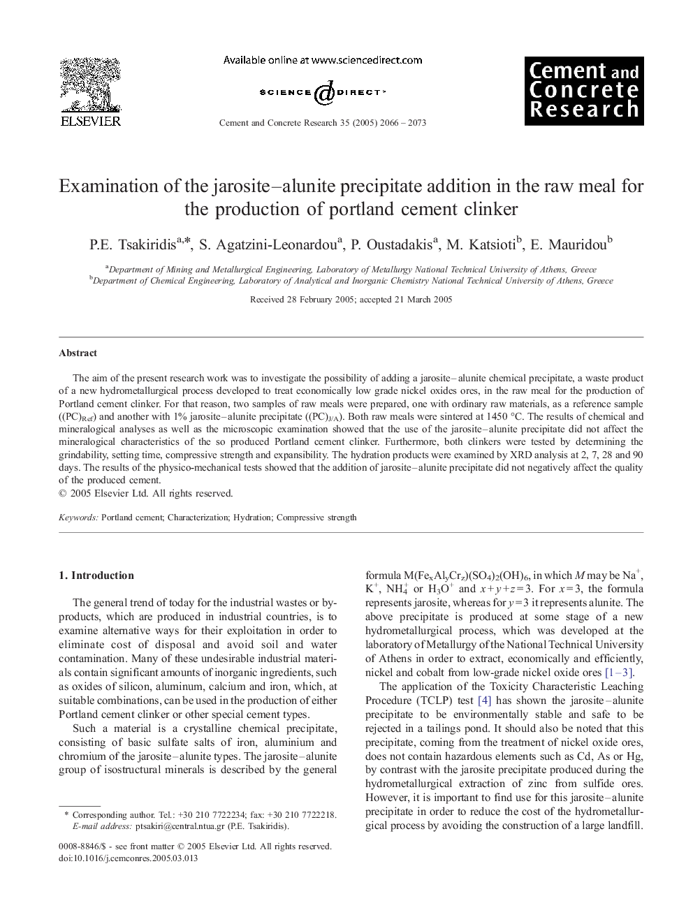 Examination of the jarosite–alunite precipitate addition in the raw meal for the production of portland cement clinker