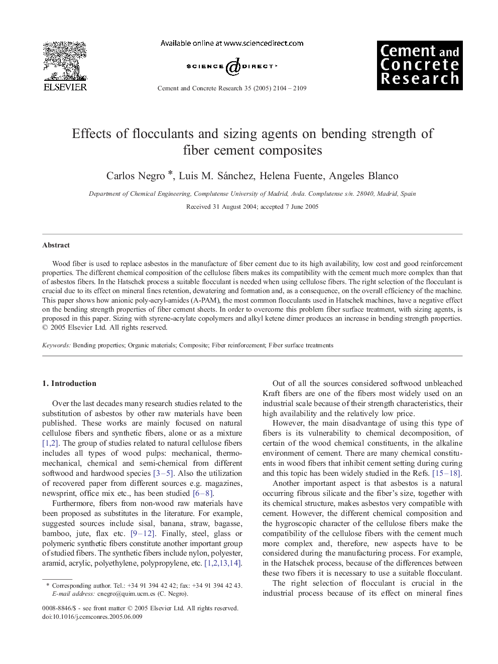 Effects of flocculants and sizing agents on bending strength of fiber cement composites