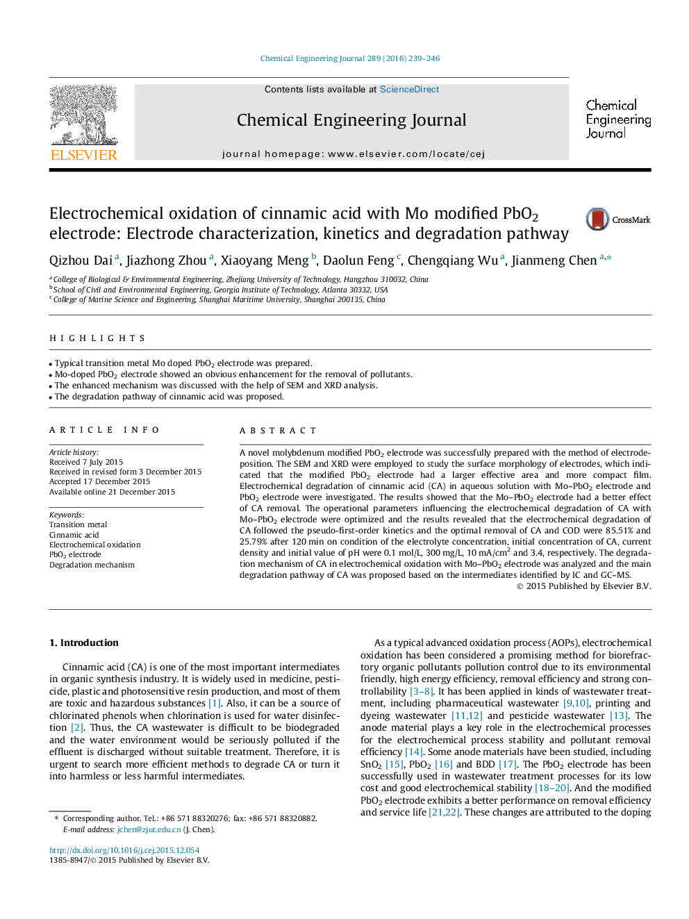 Electrochemical oxidation of cinnamic acid with Mo modified PbO2 electrode: Electrode characterization, kinetics and degradation pathway