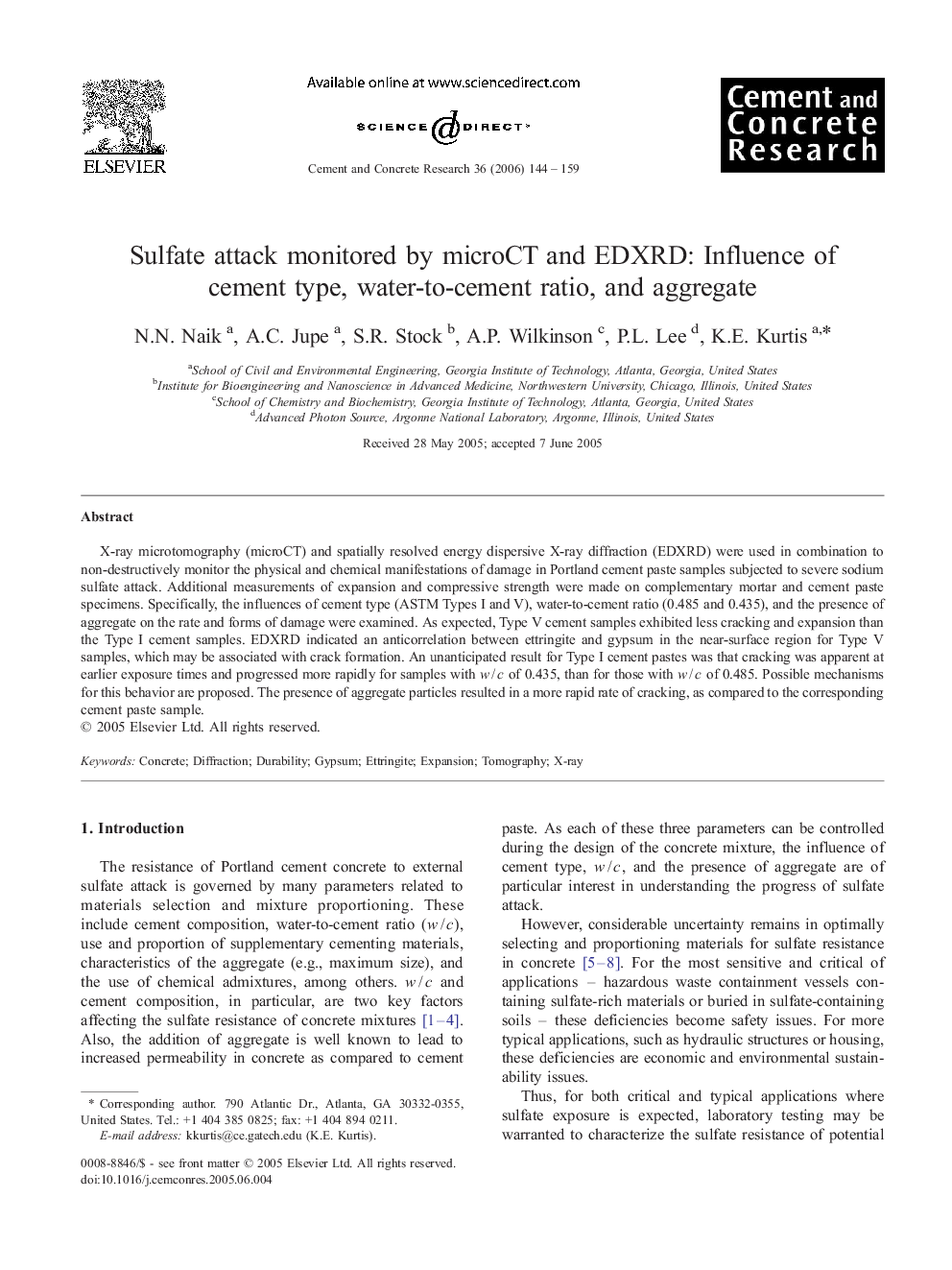 Sulfate attack monitored by microCT and EDXRD: Influence of cement type, water-to-cement ratio, and aggregate