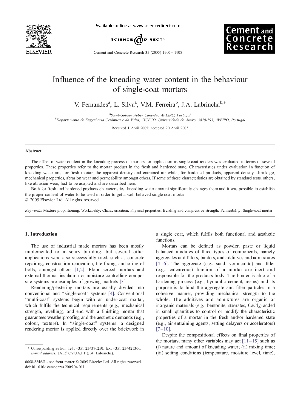 Influence of the kneading water content in the behaviour of single-coat mortars