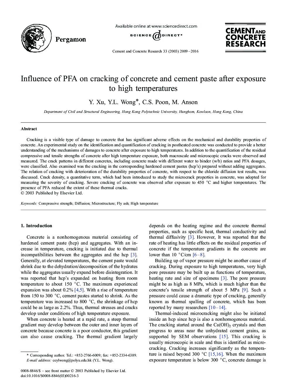 Influence of PFA on cracking of concrete and cement paste after exposure to high temperatures