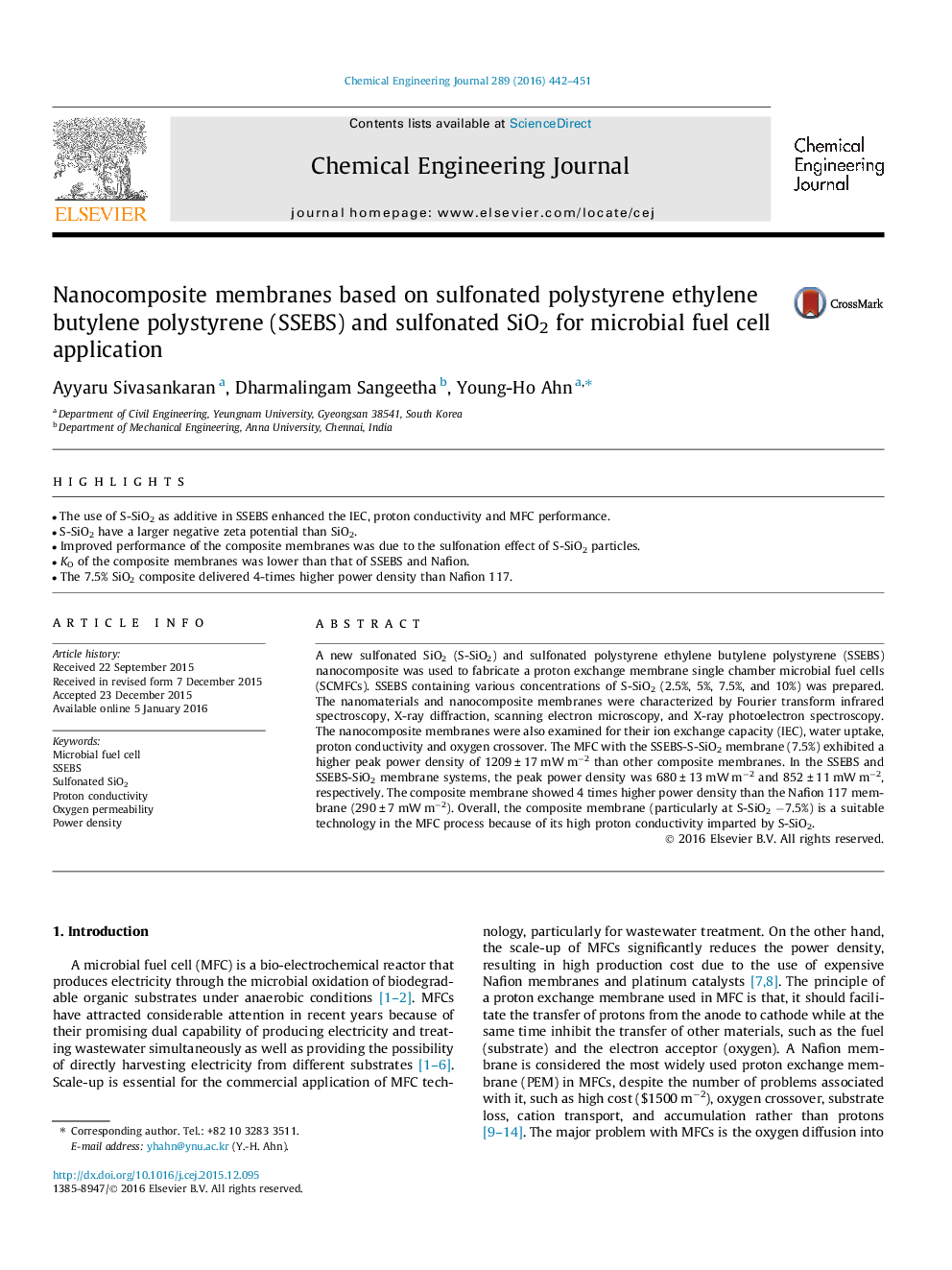عکس صفحه اول مقاله: Nanocomposite membranes based on sulfonated polystyrene ethylene butylene polystyrene (SSEBS) and sulfonated SiO2 for microbial fuel cell application Nanocomposite membranes based on sulfonated polystyrene ethylene butylene polystyrene (SSEBS) and sulfonated SiO2 for microbial fuel cell application