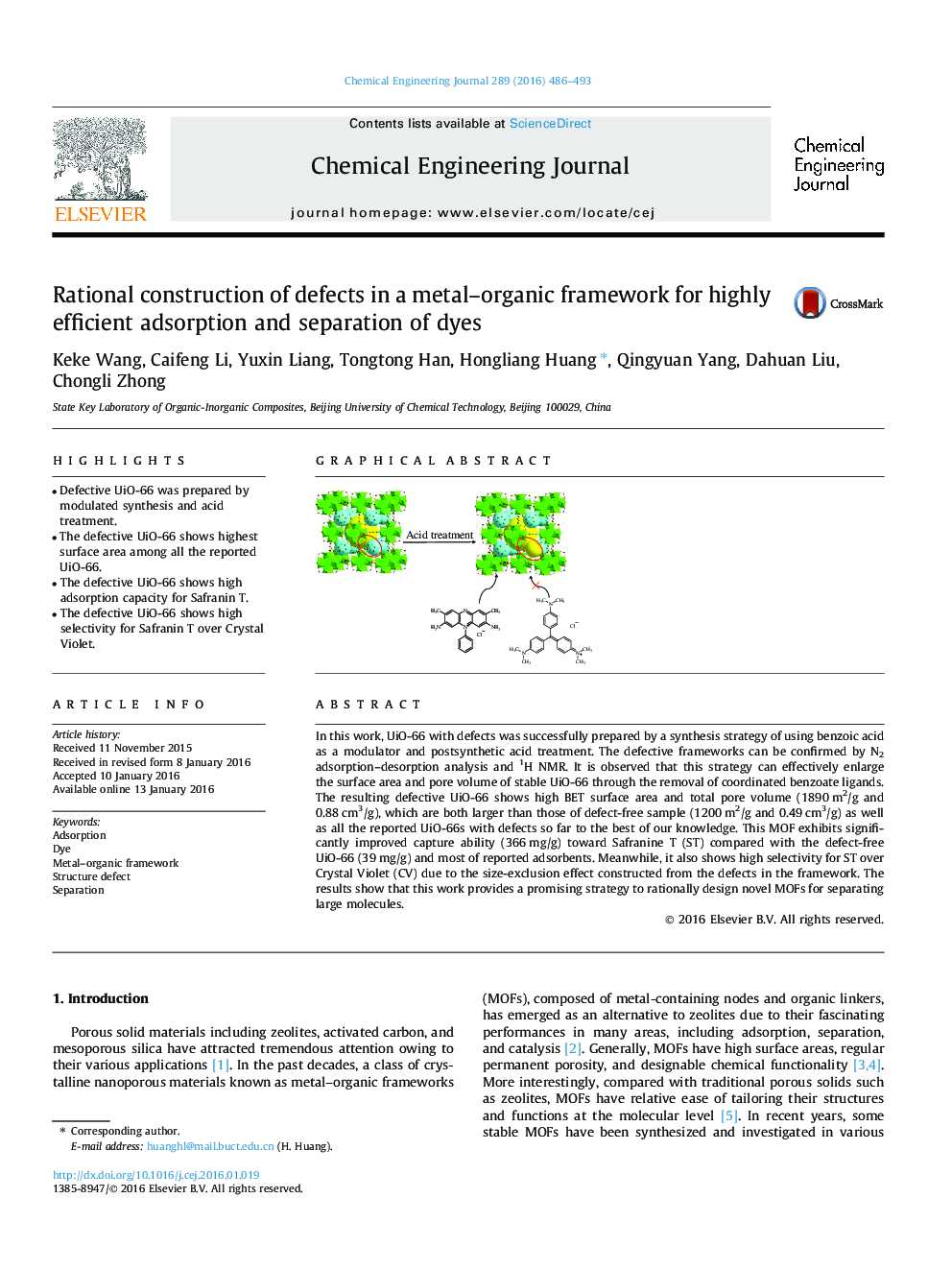 Rational construction of defects in a metal–organic framework for highly efficient adsorption and separation of dyes