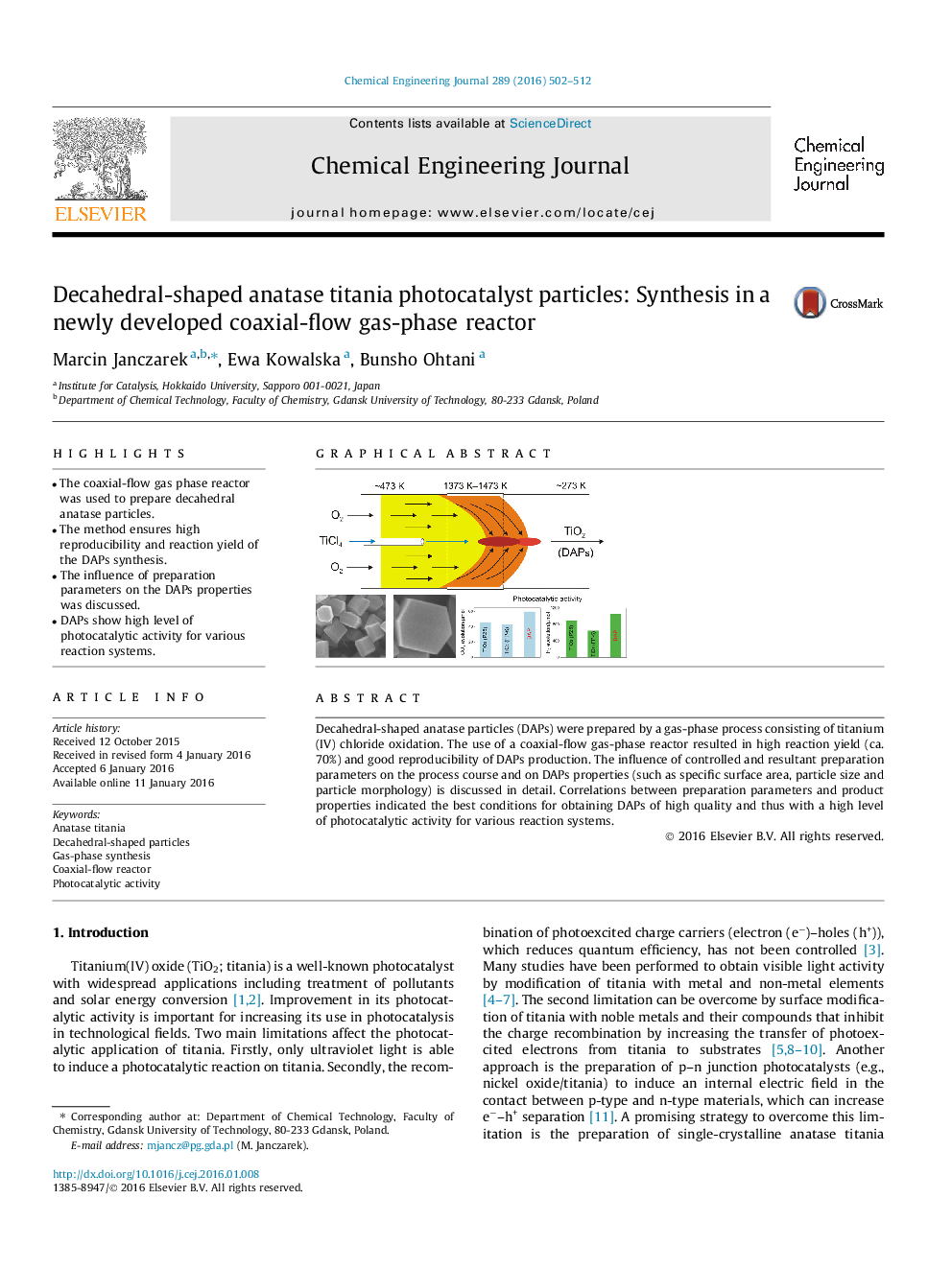 Decahedral-shaped anatase titania photocatalyst particles: Synthesis in a newly developed coaxial-flow gas-phase reactor