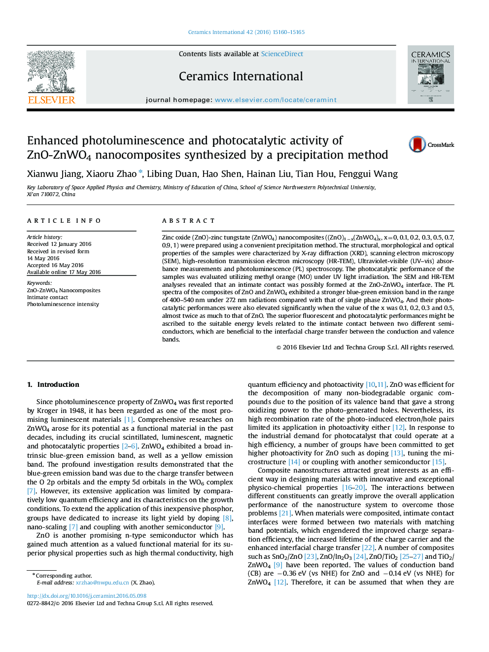 Enhanced photoluminescence and photocatalytic activity of ZnO-ZnWO4 nanocomposites synthesized by a precipitation method